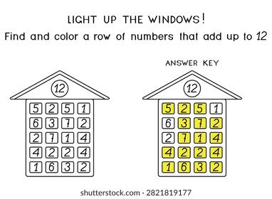 Coloring page with a math game for kids, 