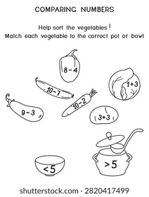  Coloring page with math worksheet for kids comparing numbers with vegetables