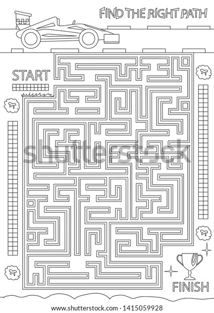 Coloring page with maze. Find the\
right path for racing car. Kids labyrinth game. Children activity\
page for book. Worksheet with funny riddle. Vector\
illustration.