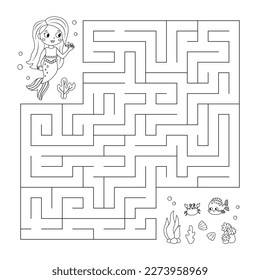 Coloring page with maze game. Cute cartoon mermaid, starfish, crab and fish. Fairy tale. Worksheet with labyrinth. Coloring book. Vector illustration.