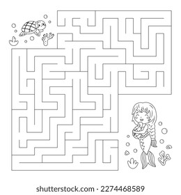 Coloring page with maze. Labyrinth game. Help the turtle find the way to mermaid. Fairy tale. Educational puzzle for children. Underwater theme. Coloring book. Vector illustration.