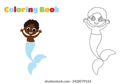 Coloring page. A mermaid boy with a long tail in mule style.