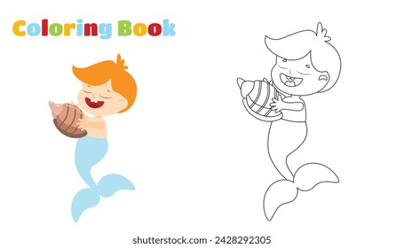 Coloring page. Mermaid boy with seashell in cartoon style isolated on white background.