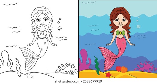 Coloring page mermaid with colorful sample printable worksheet for kids