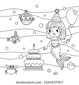 Farbseite mit Meerjungfrau, Fisch und Krabbe. Unterwassertiere. Geburtstagsfeier. Cute Cartoon-Figuren. Märchen. Schwarz-Weiß-Vektorgrafik für das Kinderfarbbuch.