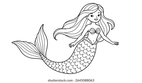 Coloring Page of a Mermaid With Flowing Wavy Hair and a Graceful Curved Tail.
