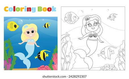 Dibujo para colorear. Sirena con el pelo largo bajo el agua en estilo de dibujos animados.