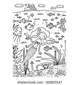 Coloring page mermaid and sea live