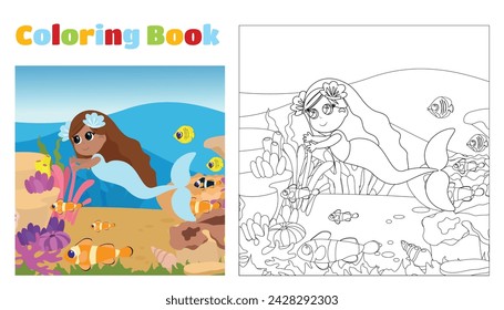 Coloring page. Mermaid swims underwater with tropical fish in cartoon style. On the seabed there are stones, algae, corals and tropical fish.