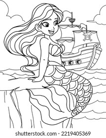 Coloring page mermaids and pirate ship in the caribbean