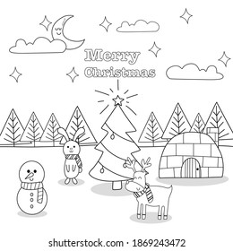 coloring page, merry christmas winter scene
