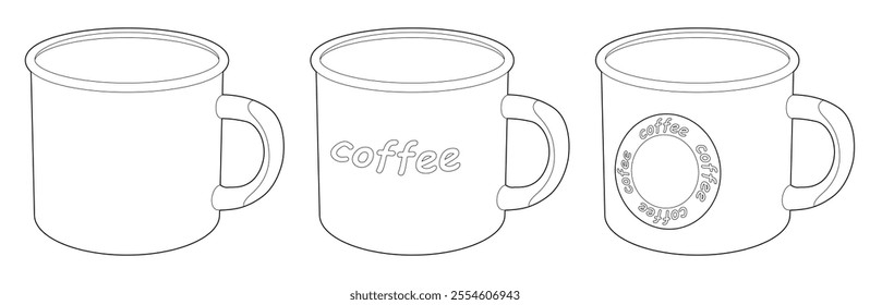 Coloring page. Metal mug. Coffee mug. Mockup. Vector illustration. Set.