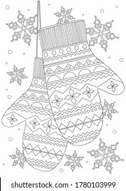 Coloring page with mittens as a concept of cold winter Christmas. Outline colorless vector stock illustration with black and white knitted mittens and snowflakes for christmas or new year