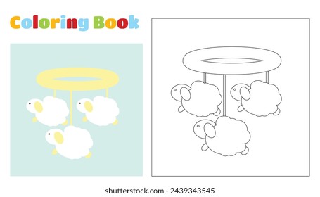 Coloring page. Mobile for a newborn baby white lamb. Cartoon style illustration of objects for young children of the first year of life. 