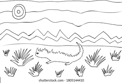 Coloring page with moloch lizard, desert landscape, plants. Anti stress coloring book for children and adults. Vector stock illustration.