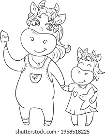 Coloring Page. Mom Cow With Ice Cream And Baby Calf. Family, Mom And Child