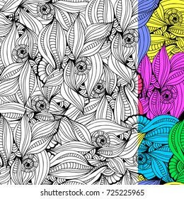 Coloring page of monochrome abstract pattern for adult coloring book.Vector seamless black and white drawing