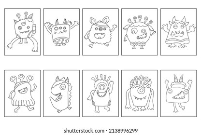 Coloring page  monster pattern set designed in doodle style for coloring, digital printing, teachers, students, art for kids, worksheets, art activities, kindergarten, scrapbooks, covers and more.