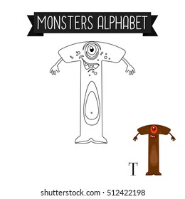 Coloring page monsters alphabet for kids. Letter T vector illustration