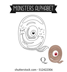 Coloring page monsters alphabet for kids. Letter Q vector illustration