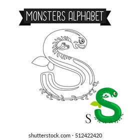 Coloring page monsters alphabet for kids. Letter S vector illustration