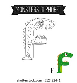 Coloring page monsters alphabet for kids. Letter F vector illustration