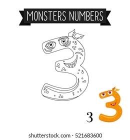 Coloring page monsters numbers for kids. Number 3 vector illustration