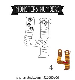 Coloring page monsters numbers for kids. Number 4 vector illustration
