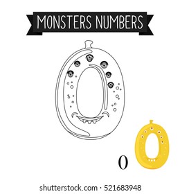 Coloring page monsters numbers for kids. Number 0 vector illustration