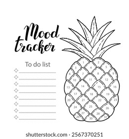 Coloring page mood tracker blank with hand drawn lettering and pineapple sketch. Bullet journal or monthly planer template. Printable organizer, diary, planner for important goals