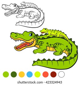 Coloring page. Mother alligator with her little cute baby in her back.