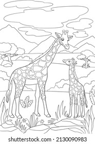 Coloring page. Mother giraffe with long neck stands with her little cute baby giraffe and smiles.