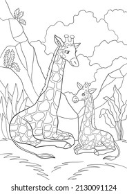 Coloring page. Mother giraffe with long neck lays with her little cute baby giraffe and smiles.