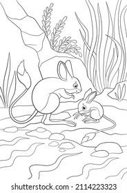 Coloring page. Mother jerboa stands with her liitle cute baby. Little jerboa eats grass.