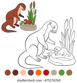 Coloring page. Mother otter looks at her little cute baby and smiles.