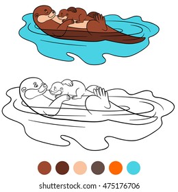 Coloring page. Mother otter swims with her little cute baby and smiles.