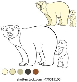 Coloring page. Mother polar bear stands with her little cute baby and smiles.