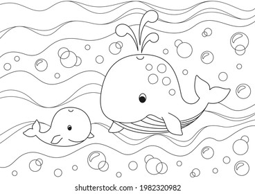 Coloring page with mother whale and baby whale swimming on the waves with bubbles, black and white elements on a white background. Vector design template for kids coloring book, poster and postcard