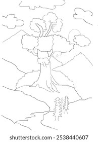 Coloring page of mountains and trees. coloring for children