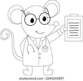 Colorir a página com um médico de rato em um jaleco de laboratório e óculos segurando uma pasta