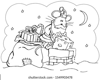 A coloring page of a mouse in a Santa's suit that throws a present into the chimney with the sky of stars background and the moon