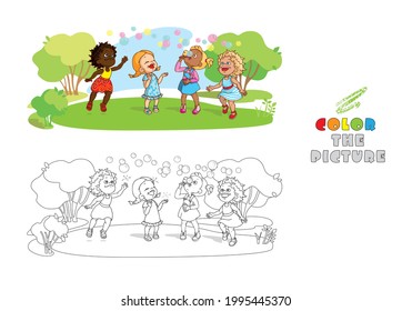 Coloring Page with Multiracial Little Girls playing with colorful soap bubbles in a park. With Color sample. Fun and Happiness Concept.  Funny cartoon characters. Hand drawn Vector Illustration. 