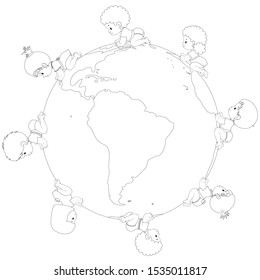 Coloring page. A multi-ratial people kids crawlig  on the globe, happy children of different races, multiethnic, brothers, sisters all together. Globus with South America. Vector, poster, isolated.