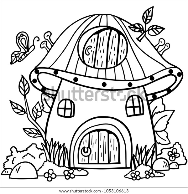 Coloring Page Mushroom House Stock Vector (Royalty Free) 1053106613