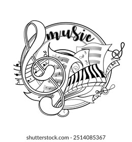Página para colorear con signo de música y notas