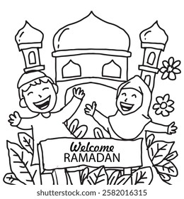 Coloring page  of a muslim couple celebrating ramadan