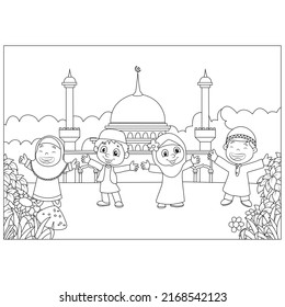 Coloring Page Muslim Little Girl Hugging Stock Vector (Royalty Free ...