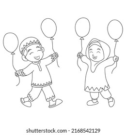 Coloring page of Muslim little girl hugging the Qur'an. Eid Mubarak coloring activities suits for kids and fit for promoting children's books on Islamic lessons. Vector format. Eid mubarak 