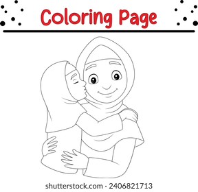 Coloring page Muslim mother hugging her daughter