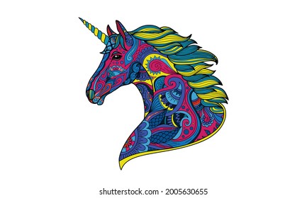 Coloring page of mustang horse. Colorless and color samples for adult antistress coloring book cover.